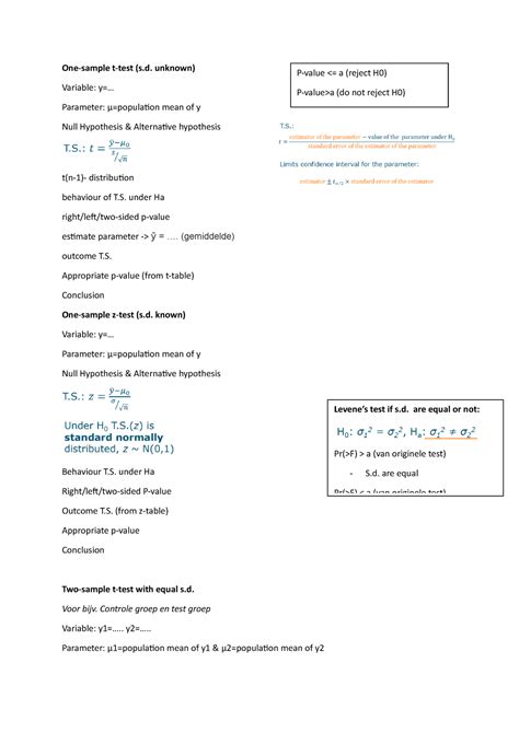 Statistiek Samenvatting One Sample T Test S Unknown Variable Y