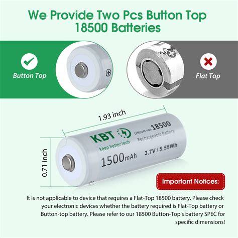 KBT 3.7V 1500mAh 18500 Rechargeable Battery, Button Top - 2pack – KBT