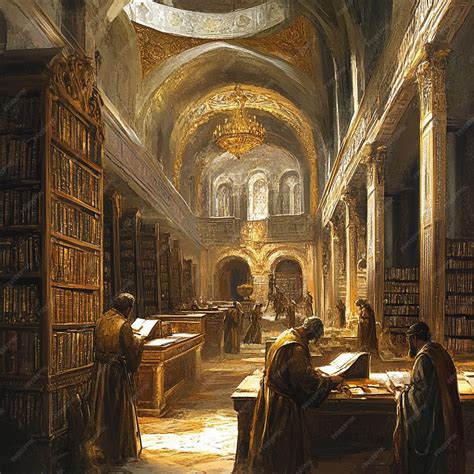 Ancient library with a grand reading room scholars poring over ancient