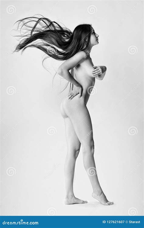 Art Nude Perfect Naked Body Woman On Gray Background Black And White Studio Shot Stock Image