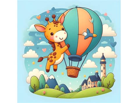 Cute Giraffe Is Flying On A Hot Air Balloon By Dianaxstoyanova TheHungryJPEG