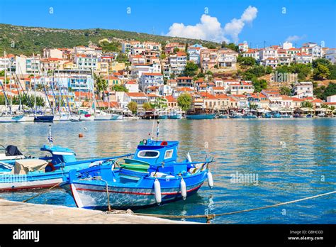 Traditional Blue And White Colour Greek Fishing Boats In Pythagorion