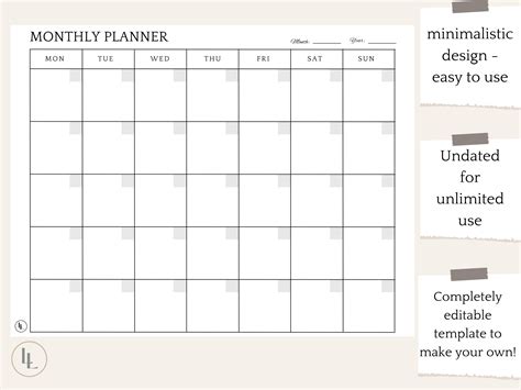 Monthly Calendar Planner Editable Template, Blank Monthly Calendar ...
