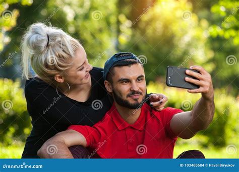 Young Romantic Couple Making Selfie Outdoors Stock Photo Image Of