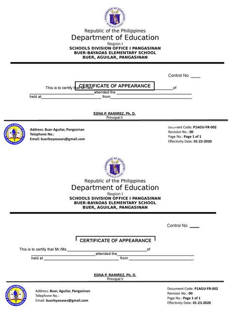 P1agu Fr 002 Certificate Of Appearance Republic Of The Philippines Department Of Education