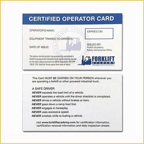 forklift certification wallet card template   forklift training
