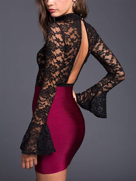 Black High Neck Flare Sleeve Open Back Lace Bodysuit Lace Bodysuit