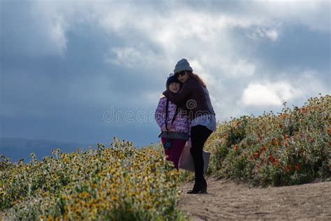Madre De Latina E Hija Delante Del Campo De La Amapola De California Del Desierto En La