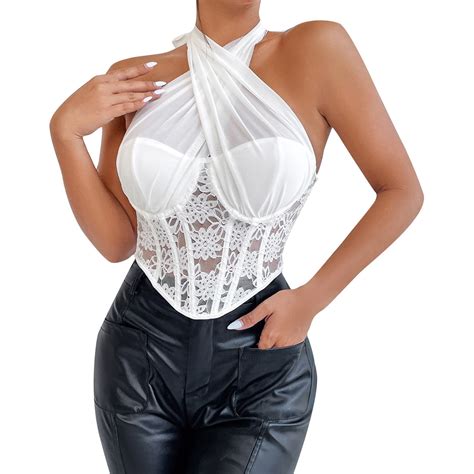 TrdSipl White Corset Lingerie For Women Sexy Mesh Lace Overbust Corset Floral Criss Cross