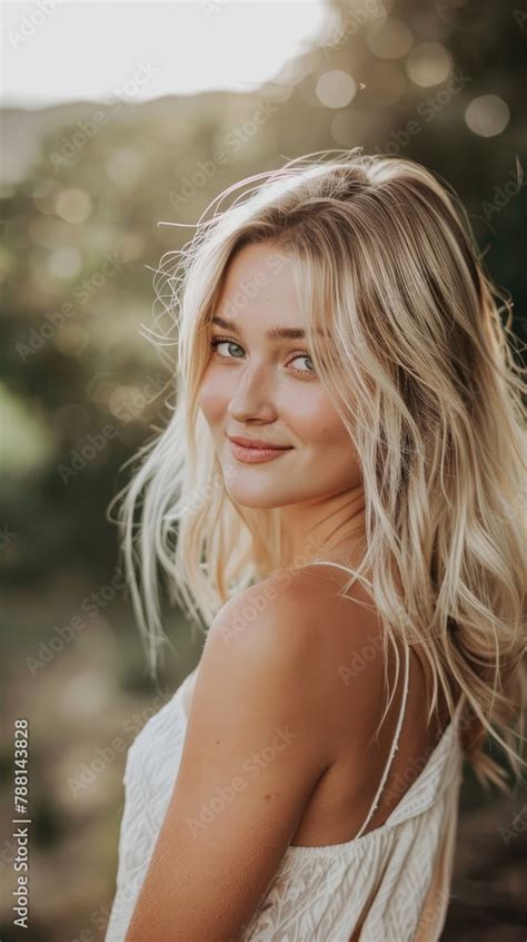 Beautiful Sweet Blonde Haired Girl Model With Soft Skin Looking Back Turning Over Her Shoulder