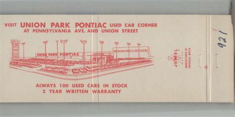 Matchbook Cover Pontiac Dealer Union Park Pontiac Wilmington DE EBay