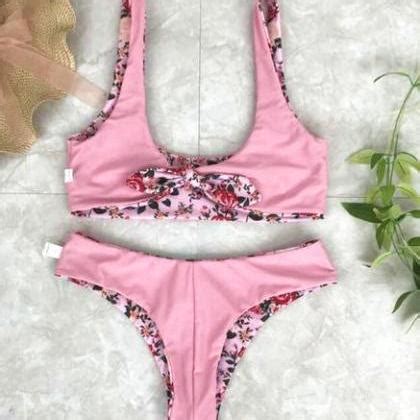 Sexy Cute Pink Floral Print Vest Type Two Side Wear Knot Two Piece Bikini On Luulla