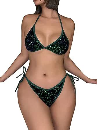 Amazon OYOANGLE Women S Glitter Sparkly Swimsuits Piece Halter String Bikini Tie Side
