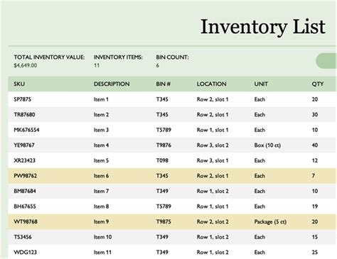 inventory list templates   printable xlsx docs  formats