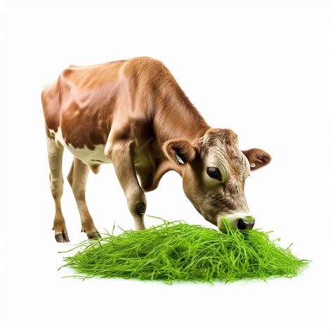 A Cow Is Eating Grass With A White Background Premium Ai Generated Image