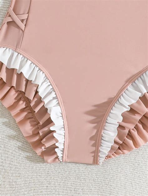 Teen Girls Ruched Patchwork One Piece Swimsuit Flattering Design For Pool Party Hot Spring