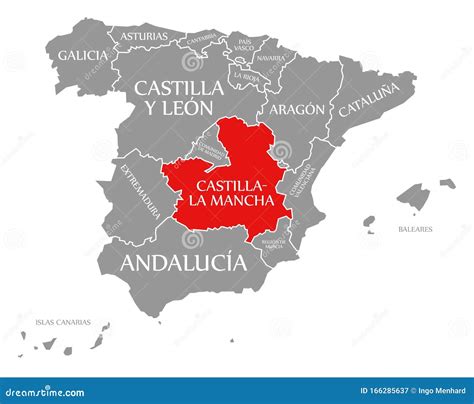 Castilla La Mancha Red Highlighted In Map Of Spain Royalty Free Cartoon