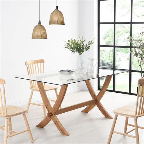 Lugano 160cm Rectangular Glass Top Solid Oak Legs Dining Table Daals