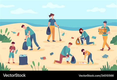 Beach Cleaning Volunteers Protect Sea Coast From Vector Image