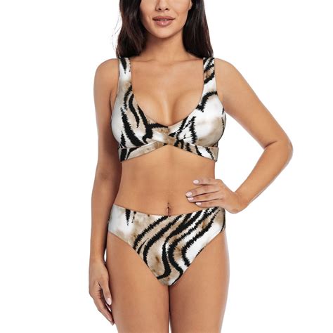 Payohto Women S Cross Front Bikini Set With High Elasticity Soft Padding Hand Drawing Tiger