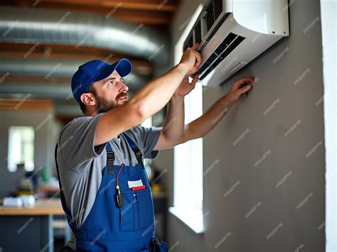 Cleaning the air conditioning hanging on the wall the worker cleans the