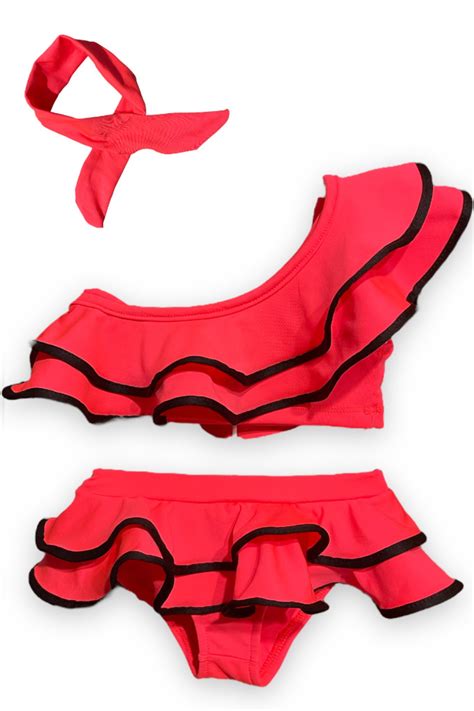 Lolliboomkids Kız Çocuk Neon Renkler Pembe Renk Tek Omuz Fırfırlı Bikini Takımı Saç Bandı