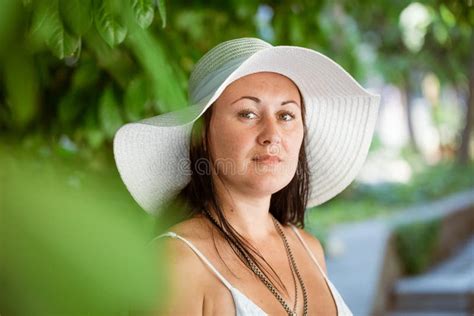 Happy Cute Brunette Woman In Park On Summer Day Cheerful Beautiful