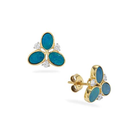 Crystal Opal On Ironstone And White Zircon 9k Gold Earrings Gemporia