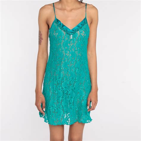 Sheer Lace Slip Dress Mini Green Floral Lingerie Nightgown Etsy Uk