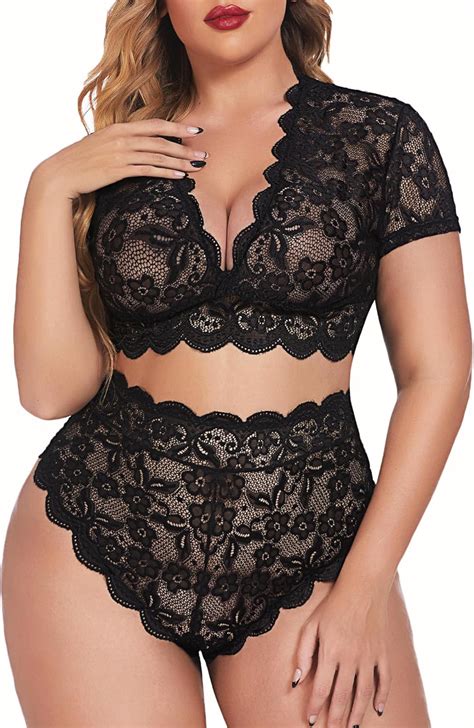 Amazon Avidlove Plus Size Lingerie Plus Floral Lace Scallop Trim Lingerie Set Deep V