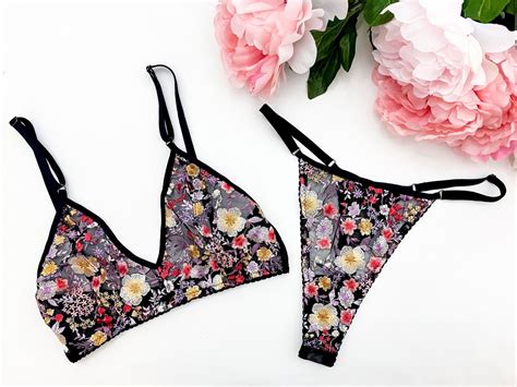 Black Floral Embroidered Lingerie Set Boudoir Lingerie Thong Embroidery Bridal Lingerie Etsy
