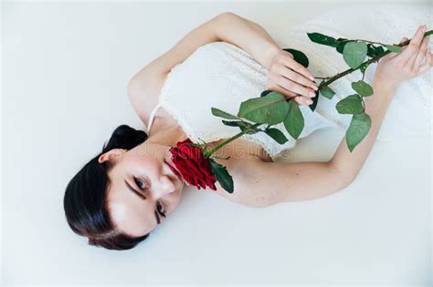 Beautiful Brunette Woman Lies With A Red Rose Stock Image Image Of Flower Fashion 269955615