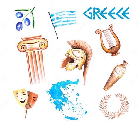 Greek Symbols Hand Drawn Watercolor, Set of Ancient-to-present Elements ...