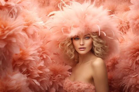 Premium Photo Ethereal Beauty Enchanting Blonde Woman Adorned In A Plume Of Peach Fuzz Feathers