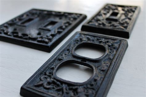 Black Double Light Switch Cover Plate Cast Iron Fleur De Etsy