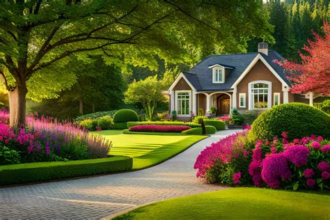beautiful house with lush green lawn and flowers. AI-Generated 32302266