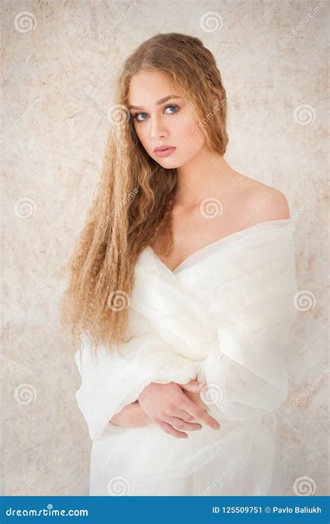 Beautiful Pale Pretty Girl Blonde Curly Portrait White Hair And Clothes Healthy Skin Face