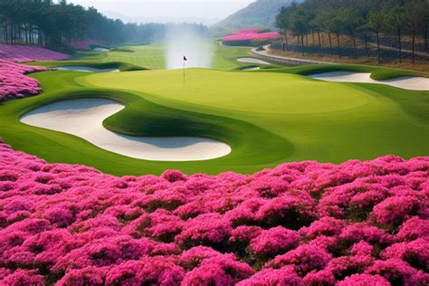 An Open Golf Course With Pink Flowers Surrounding It Background