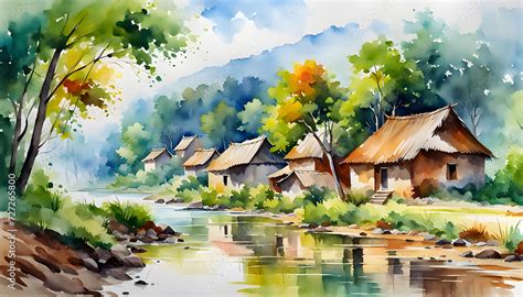 Beautiful watercolor of Indian village, houses against green forest ...