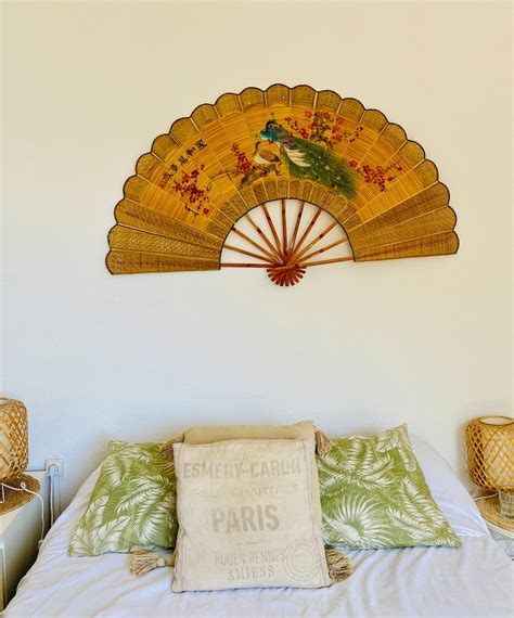 vintage large decorative bamboo wall fan boho japandi asian style