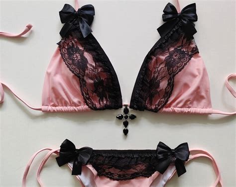 PASTEL GOTH BIKINI Pink Cheeky Triangle Swimsuit Black Lace Ruffles Satin Bows Victorian Vampire
