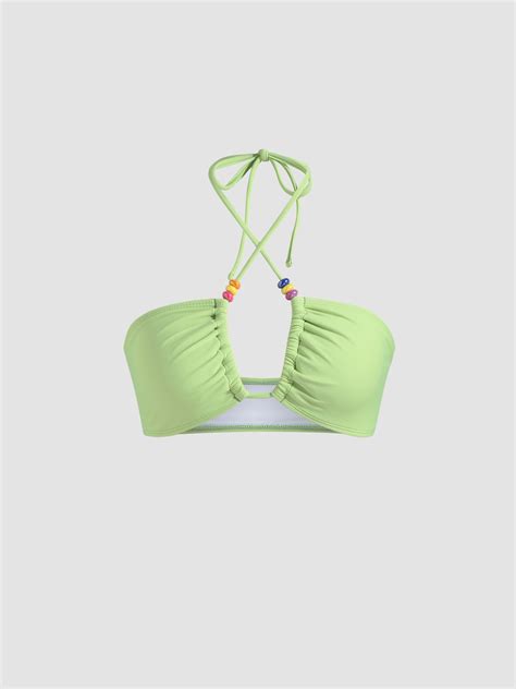 Knit Fabric Halter Beaded Cut Out Criss Cross Bikini Top For Beach