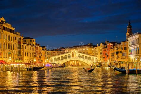 Rialto Bridge Ponte Di Rialto Over Grand Canal at Night in Venice ...