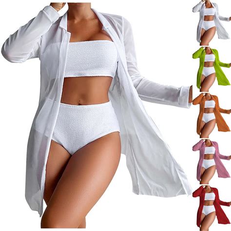 Jacenvly Cover Up 3 Piece Bikini Sets For Women Cozy Long Sleeve Swimsuit Solid With Cover Up