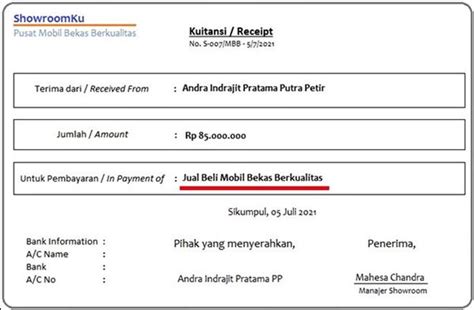 Contoh Kwitansi Pembelian Mobil