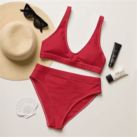 Red Bikini High Waisted Red Bikini Set Padded Bikini Christmas Bikini Plain Red Bikini Double