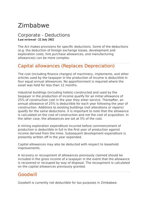 Corporate Income tax Deductions Zimbabwe - Zimbabwe Corporate