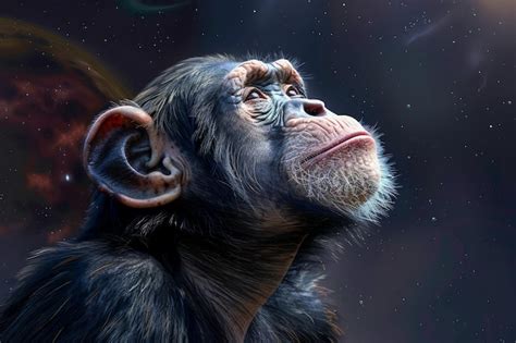 Retrato de un chimpancé pensativo contra un fondo espacial cósmico