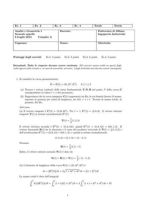 Esame 8 Luglio 2013 Testo E Soluzioni Es 1 Es 2 Es 3 Es 4 Totale