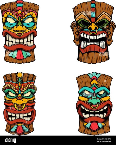 Sеt Of Illustrations Of Tiki Tribal Wooden Mask Design Element For Logo Emblem Sign Poster